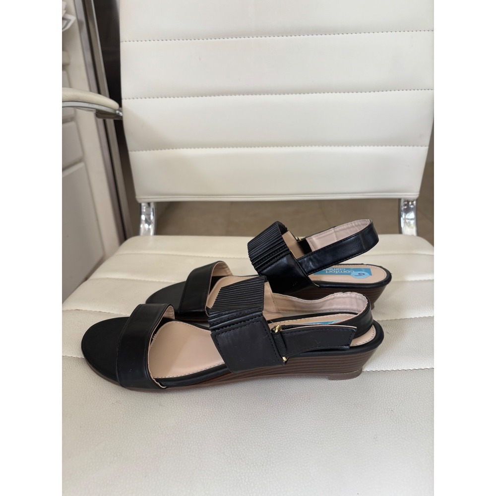 Comfort Corner Black Pleated Strap Wedge Sandals Slingback Open Toe Womens 9M